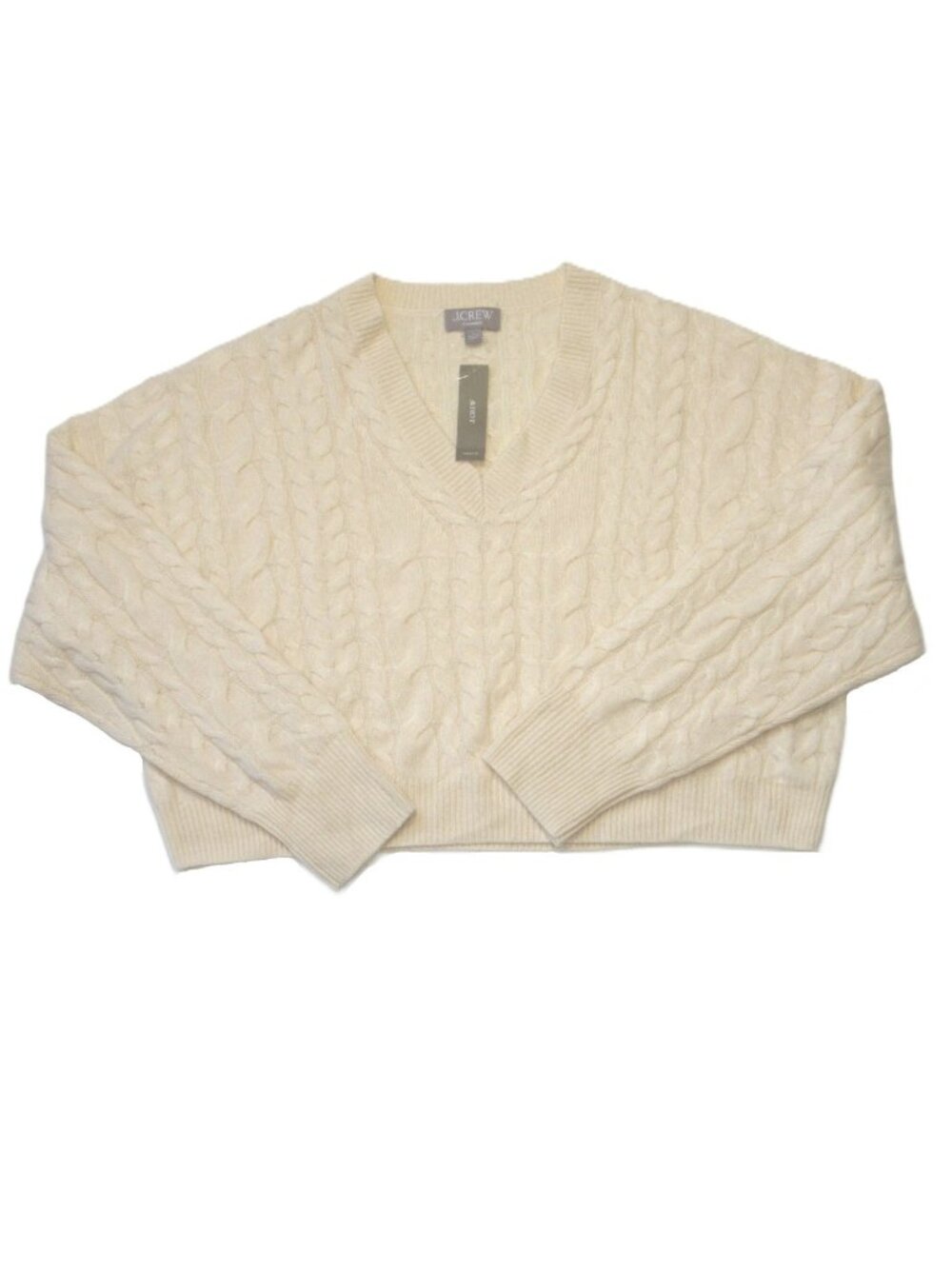NWT J.Crew Cashmere Cropped Cable-knit V-neck Sweater in Warm Sesame Ivory L - Picture 6 of 9
